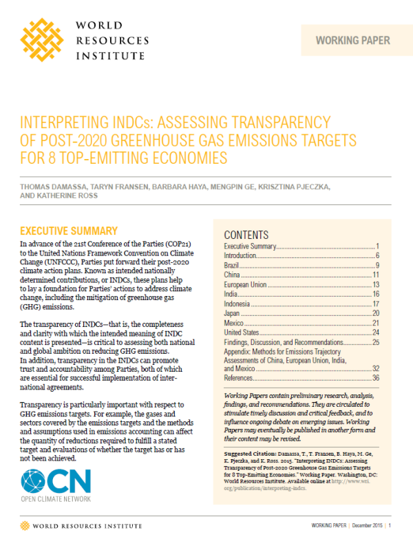 Interpreting Indcs Assessing Transparency Of Post Greenhouse Gas Emissions Targets For 8 Top Emitting Economies Working Paper